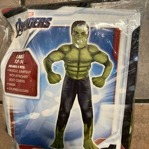 MARVEL AVENGERS, HULK COSTUME CHILD Large 12-14 JUMPSUIT MASK Hands New